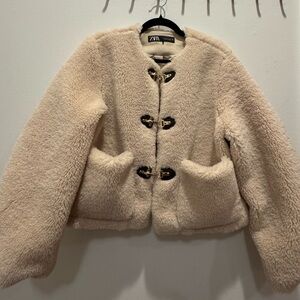 Zara Beige Teddy Jacket with Toggle Clasps